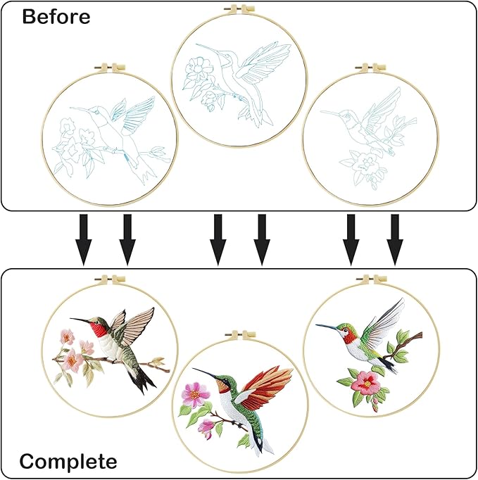 57lilina embroidery kit for beginners, pack of 3 with hoops, threads, needles - starter cross stitch supplies for adults, gift for relaxation craft lovers, hummingbird theme