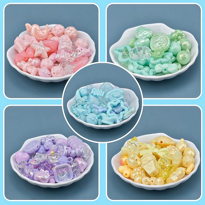 ABONDEVER 245-300Pcs Assorted Acrylic Beads for Bracelets Making Cute Star Bow Flower Candy Heart Gummy Bear Butterfly Aesthetic Beads for DIY Jewelry Crafts Keychain Necklace Phone Charms(5 Colors-A)
