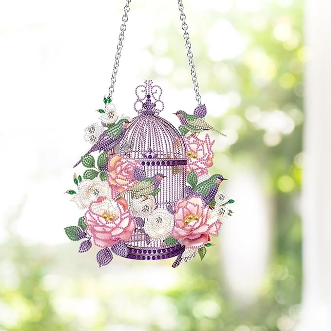 Flower Birdcage Design DIY Diamond Art Painting Wreath Kits Special Shaped Rhinestone Diamond Art Window Pendants Home Garden Wall Hanging Kits (Single Side Point Drill) (#11-Cat) (#06-Bird)