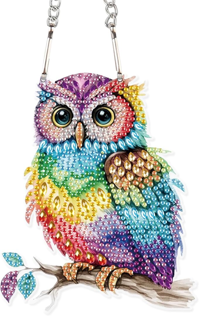 Animal Colorful Owl DIY Diamond Painting Pendant Kit - Acrylic Rhinestone Round Diamond Art, Special Shaped Window & Wall Hanging Decoration for Home & Garden Gift