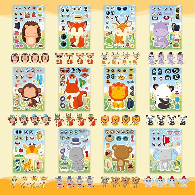 24 sheets make a face stickers, animal stickers for kids make your own mix and match sticker sheets with 12 wild animals designs, fox elephant hedgehog, kids party favors activities