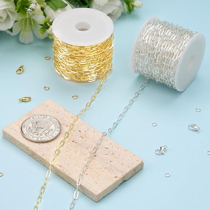 Kyutong 32.8 Feet Gold and Silver Jewelry Making Chains 2 Rolls Paperclip Chain Necklace with Clasps for Women DIY Jewelry Crafts