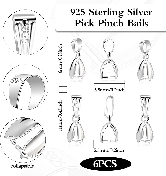 925 Sterling Silver Pinch Bail Clasp, 6 Pcs Hypoallergenic White Gold Plated Slider Necklace Pendant Pinch Clip with Open Loop Snap Bail Necklace Pendant Clasp Connectors for Jewelry Making