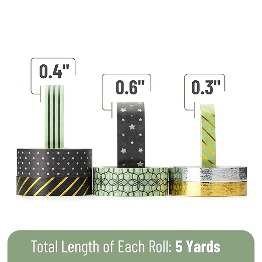 Mr. Pen Midnight Garden Washi Tape Set, 8 Rolls, Gold Foil Decorative Tape, Washi Tapes, Scrapbook Tape, Craft Tape