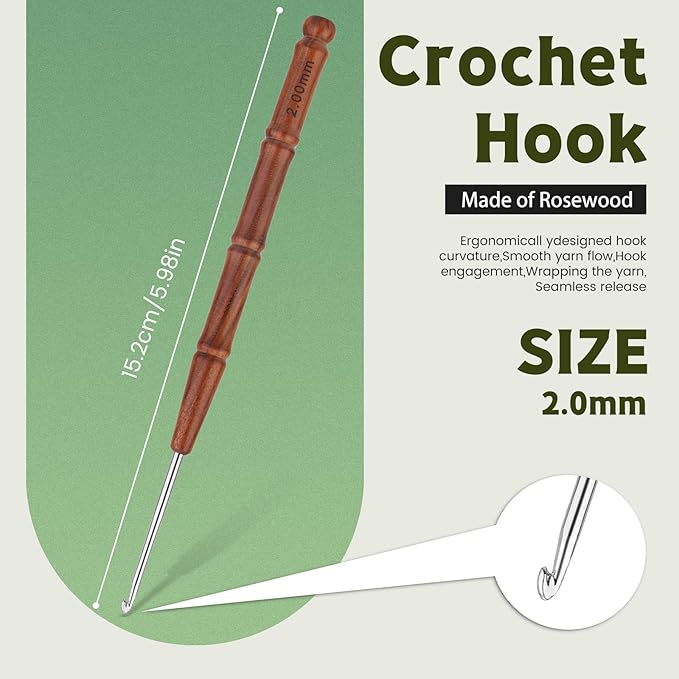 Wuadua 2mm Crochet Hook, Ergonomic Crochet Hook with Wooden Handle, Crochet Needle for Arthritic and Beginner, Ideal for Lace Thread, Perfect for Small Crocheting Coasters, Tablecloths, Placemats