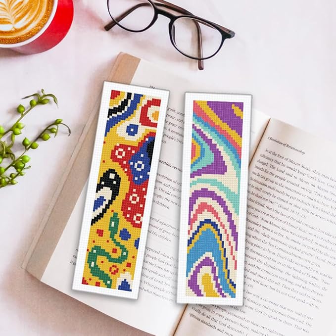 ORIGACH 6 Pcs Cross Stitch Bookmark Kit for Beginner Adults, Modern Abstract Stamped Embroidery Bookmark Kit with Instruction for Starters Printed Cross Stitch DIY Kits for Book Lovers