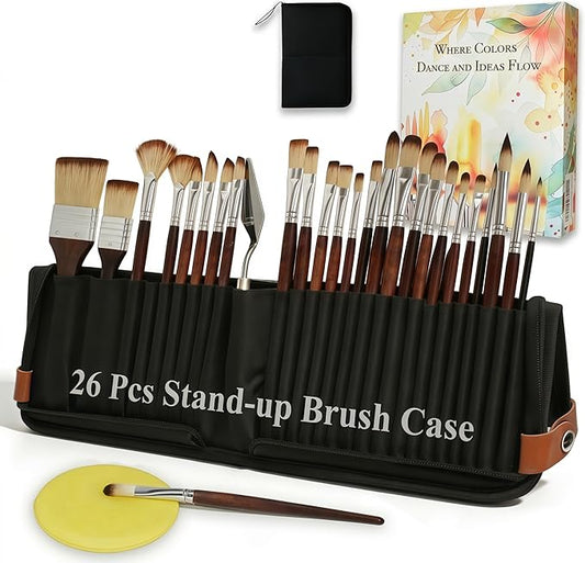26Pcs Paint Brush Set with Stand-Up Brush Case, Travel Watercolor Acrylic Paint Brushes with Flat, Filbert, Fan, Dagger, Cat Tongue, Round, Palette Knife, Professional Kit for Oil, Artist, Face