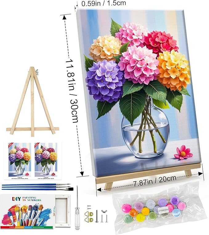 ATDMS Paint by Numbers Kit for Adults Flowers Paint by Number with Frame Hydrangea Paint by Number with Easel DIY Floral Oil Painting by Numbers for Gift Home Wall Decor 8x12 Inch