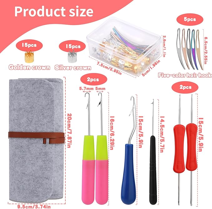 Loc Crochet Needle, 48 Pcs Dreadlock Crochet Hook, 6 Dreadlock Crochet Needle, Crochet Hooks for Hair, Different Size Bent Latch Hook with Case and Dreadlocks Tool (Light Gray)