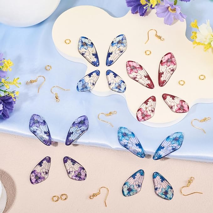 FASHEWELRY 16Pcs Resin Fairy Wing Earring Charms Pink Purple Blue Butterfly Wing Pendants Flower Print Feather Charms with Jump Rings Earrings Hooks for DIY Earring Jewelry Making