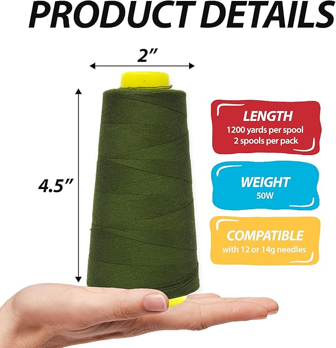 Mandala Crafts Olive Green Thread Cones for Machine and Hand Quilting - 2400 Yds 50 WT Multiple Purpose Mercerized 100% Cotton Threads for Sewing Machine Serger Embroidery