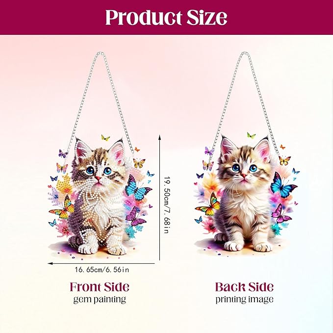 Masendp Butterfly Cat Diamond Art Pendant Set for Adults, 5D Special Shape Diamond Painting Cat Window Pendant Kit, Animal Gem Art Catcher Decoration Home Garden Wall Decoration