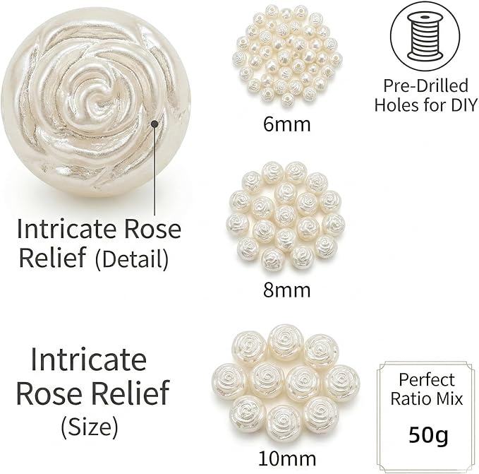 Pearlescent Rose Flower Bead for Bracelets,Cute Small Unique White Acrylic Aesthetic Beads for Jewelry Making with Holes,Bulk DIY Bracelet Phone Charms Strap Decoration Accessories 6-10mm