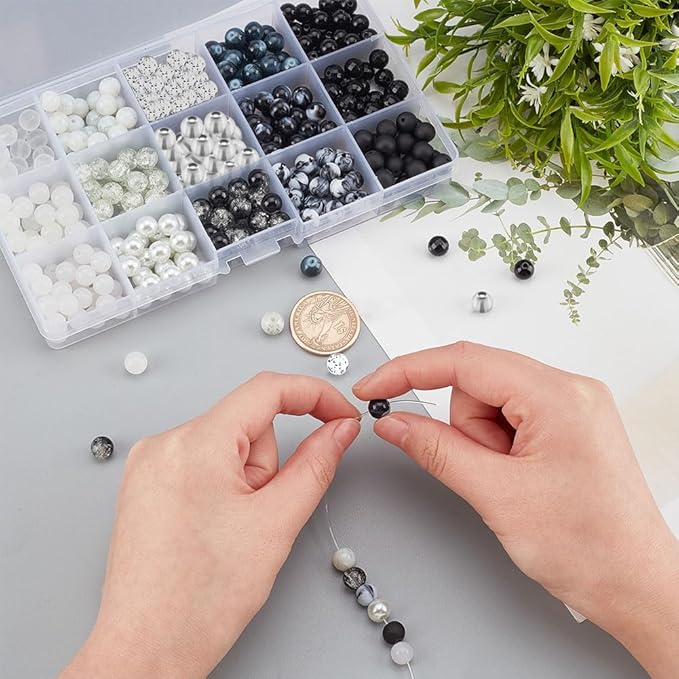 PH PandaHall 450pcs 8mm Marble Glass Beads - 15 Colors Black White Bracelet Beads Opaque Acrylic Loose Beads Spacers for Easter Ramadan Jewelry Making