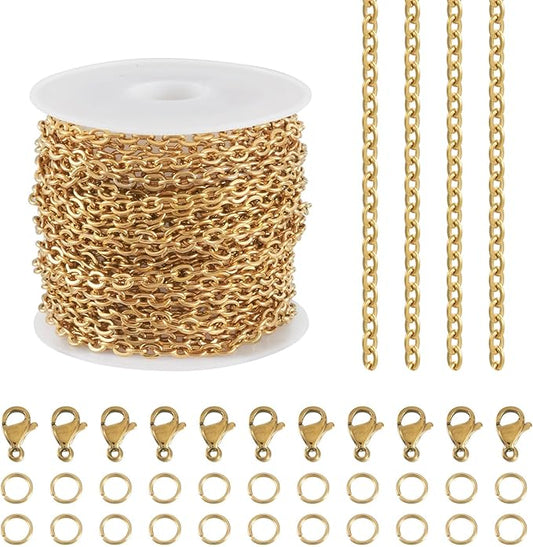 Sparkeads 5M Golden Chain for Jewelry Making,Stainless Steel Chain,Gold Link Necklaces for Women,Cable Chain Bracelet Chains for Bracelet DIY Chain Earring Craft Supplies Jewelry Making,4x3x0.6mm