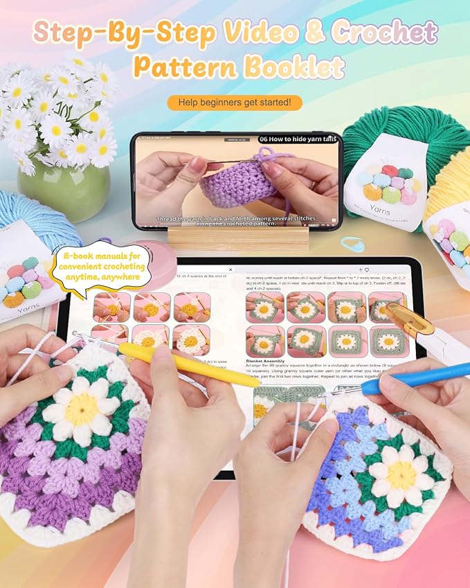 Coopay Blanket Crochet Kit for Beginners, All-in-One Granny Square Blanket Kit with Step-by-Step Video & Enough Yarns - Master 3D Granny Square Crocheting Easily, Ideal Gift for Craft Lovers (Purple)