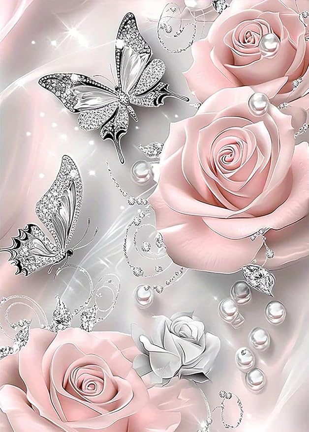 BYGFHLYW 5D Diamond Painting Kits for Adults, Butterfly Rose Flower Diamond Art Kits for Adults Beginner, DIY Full Drill Diamond Dot Gem Painting for Home Wall Decor 12x16inch
