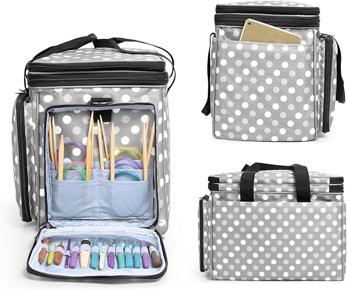 LUXJA Knitting Bag, Yarn Bag with Cover and Shoulder Strap, Yarn Tote Bag for Carrying Projects, Knitting Needles (up to 14”), Circular Needles, Crochet Hooks and Other Accessories, Gray Dots