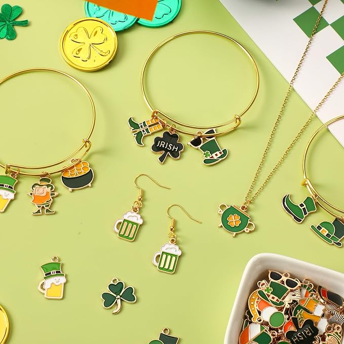 SANNIX 350pcs St. Patrick's Day Charms, Shamrock Charms for Jewelry Making - Green Hat Beer Gnome Irish Enamel Pendants for DIY Crafts Bracelets Necklaces Earrings Making Supplies