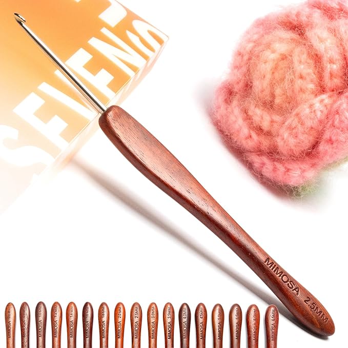 SEVENSUN Mimosa 2.5mm Single Crochet Hook, Available in 0.6mm-6.5mm, Ergonomic Hand Polished Stainless Steel Inline Pointy Wood Handle Crochet Hook for Arthritic Hands, Mother's Day Gifts for Mom