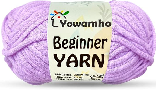 Yarn for Crocheting & Knitting, 100g Cotton Yarn for Beginners with Easy-to-See Stitches,100m (109yds) Worsted Soft Cotton-Nylon Blend Yarn, Light Purple.