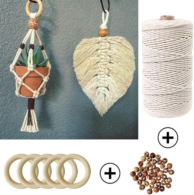 120pcs macrame kits for beginners 3mm x 220yards natural cotton macrame cord wall hanging kit, best macrame supplies for macrame plant hanger with wooden beads,wooden rings,wooden sticks,s hooks