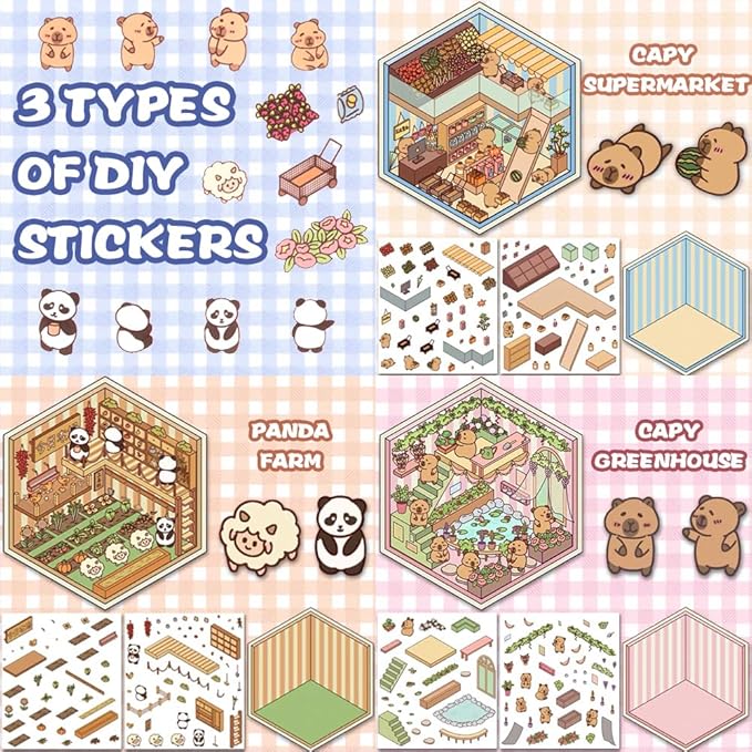 Scrapbooking Supplies Kit,DIY 3D Stickers Scene,3 Set Funny DIY Sticker Scenes,Make Your Own Cute 3D Miniature Room Scene Stickers for Adults Relief Stress Pass The Time.12-13-14