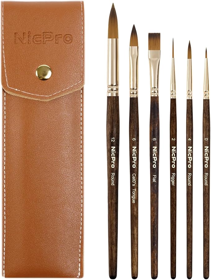 Nicpro Travel Watercolor Brushes Set, 6Pcs Kolinsky Sable Performance Paint Brush for Professional Artist & Beginners with Round, Rigger, Cats Tongue, Oval Wash for Water Color, Ink Gouache Painting