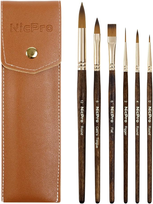Nicpro Travel Watercolor Brushes Set, 6Pcs Kolinsky Sable Performance Paint Brush for Professional Artist & Beginners with Round, Rigger, Cats Tongue, Oval Wash for Water Color, Ink Gouache Painting