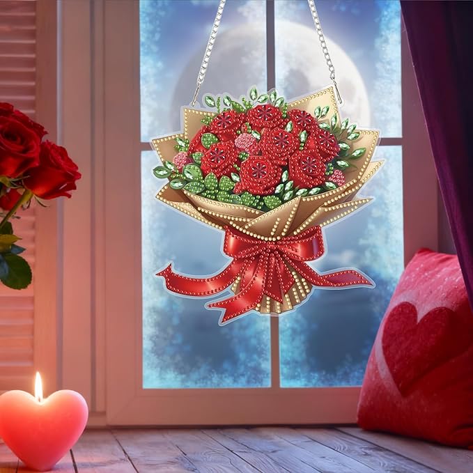Bowetile Valentine's Day Diamond Art Hanging Kits for Adults, Diamond Art Suncatchers Red Rose Bouquet, 5D Special Shape Diamond Painting Flower Pendant Window Ornament Gifts for Home Door Wall Decor