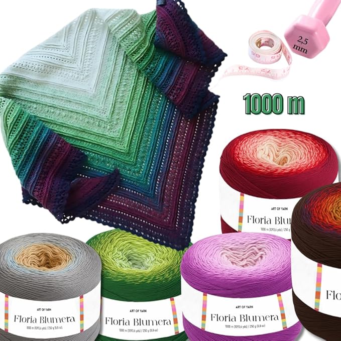 Floria Blumera Yarn 55% Cotton 45% Acrylic 1093.6 Yards Multicolor Gradient Yarn Cake for Knitting Crochet Spring Summer Ombre Rainbow Cotton Yarn for Flowers S.Fine 1 Sport-99259