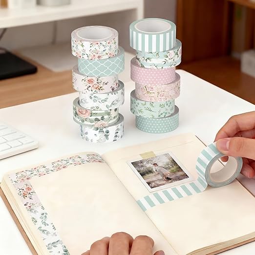12 Rolls Watercolor Floral Washi Tape Set 15 mm Vintage Flower Decorative Masking Tape for Spring Arts DIY Craft Scrapbook Journal Supplies Gift Wrapping(Pink and Green,Spring)