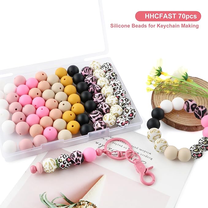 70Pcs Print Silicone Beads for Keychain Making,Round 15mm Silicone Beads for Pens, Necklace and Bracelets Making（Vibrant Leopard）