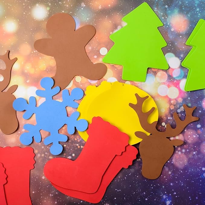 MixTeach 36 Pcs Foam Christmas Cutouts 7'' Christmas Tree Snowflake Elk Stocking Bell Gingerbread Man Shape Die Cuts Colorful Christmas Foam Cutouts for Christmas DIY Crafts Bulletin Board Decor