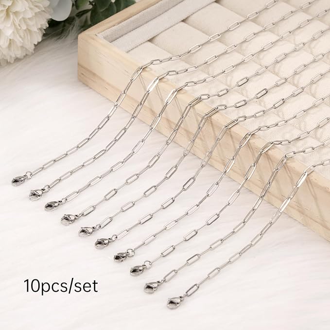 GTVOODX 10 Pack 16 Inch Necklace Chains Bulk for Jewelry Making, Stainless Steel Link Paperclip Chain with Lobster Clasps for DIY Jewelry Making