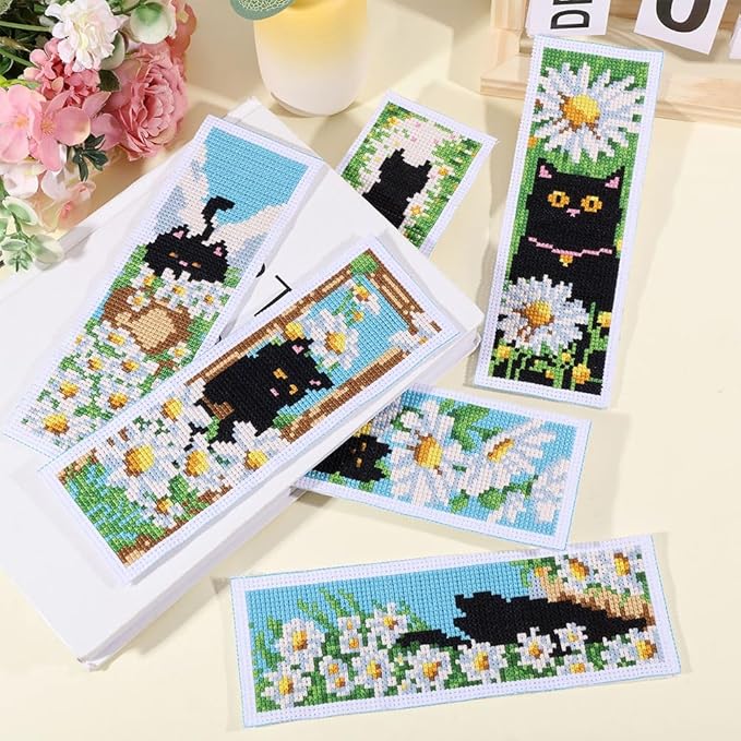 ORIGACH 6 Pcs Cross Stitch Bookmark Kit for Beginner Adults with Backing Felt Floss Instruction, Cat and Daisy Stamped Embroidery Bookmark Kit for Starters Book Lovers