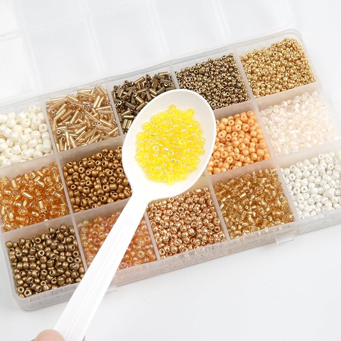 GTAAOY Mix 15 Color Glass Seed Beads, Glass Bugle Beads Tube Beads for Adults, Bracelet Bead Boards, Tweezers,Elastic Sting for Jewelry Making(Mix Size,Gold)