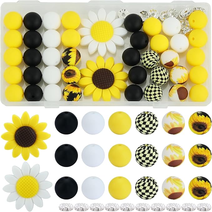 45 Pcs 15mm Silicone Beads Sunflower Focal Beads for Pens Printed Silicone Beads Bulk for Keychain Bracelets Making and Other Handmade Crafts(Chrysanthemum)