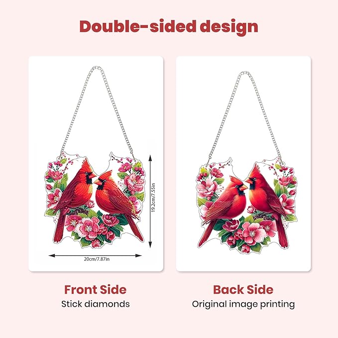 MXJSUA Valentine's Cardinals Special Shaped Hanging Diamond Painting Art Kits for Adults, Crystal Rhinestone Acrylic Gem Art Pendant Ornaments Kit for Home Decor and Gift 7.87 * 7.87 Inch