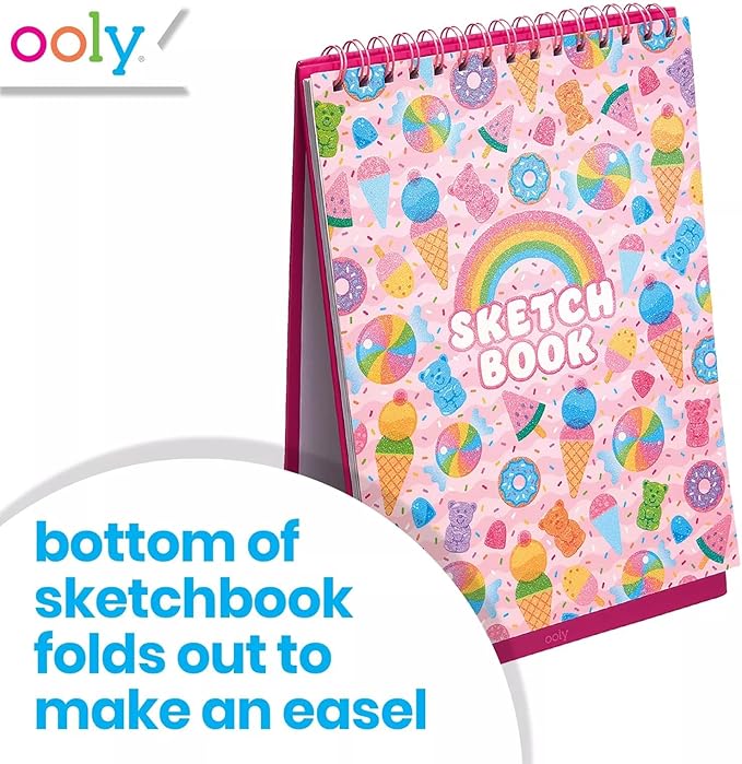 OOLY Sketch and Show Standing Sketchbook, 45 Large 10.5 x 8 Perforated Pages, 120 GSM/ 32lb Perfect for Markers and Colored Pencils - Sugar Joy
