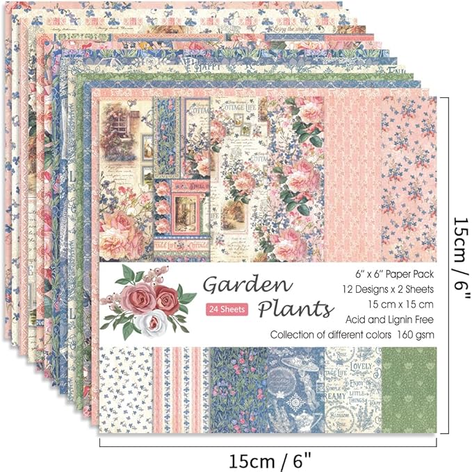 6x6” 160gsm cardstock Single Sided Scrapbooking 24 Papers Pad vintage decoupage scrapbook kit patterned paper junk journal supplies journaling supply scrap paper crafting Garden Plants