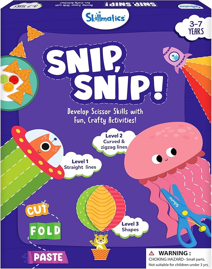 skillmatics scissor skills activity book - snip snip, 25 fun cutting & creative activities, 2 child-safe scissors, felt craft kit, classroom valentine’s day gift for kids ages 3, 4, 5, 6, 7
