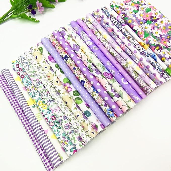 22Pcs 10" Purple Cotton Fabric Squares No Repeat Floral Charm Pack,Precut Quilt Fabric with Wavy Edges,Sewing Craft Swatches