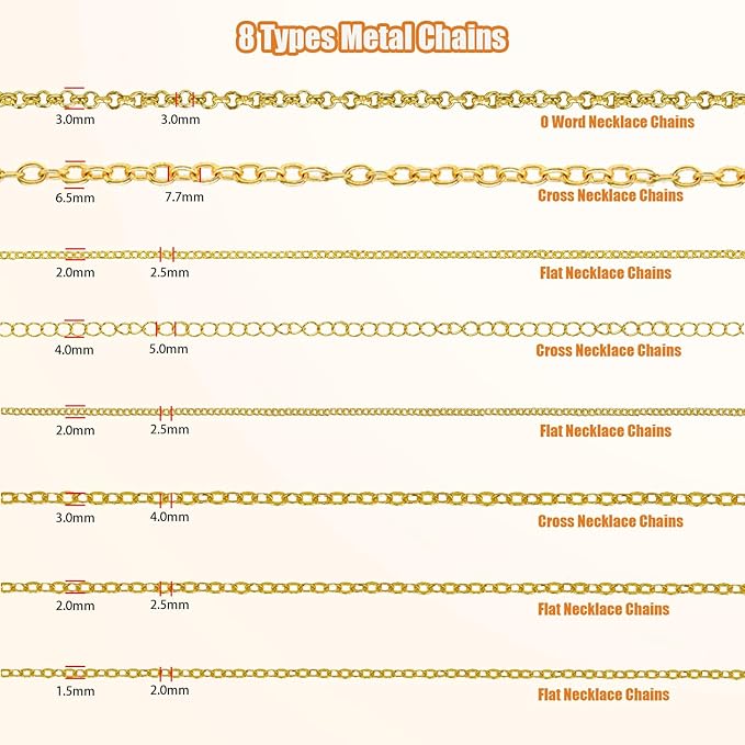 Fesorsi Gold Chain for Jewelry Making, 65ft 8 Style Steel Jewelry Chain, Electroplating Process, for DIY Necklace Chains, Tassel Pendants, with Jump Ring, Lobster Clasp, Pliers