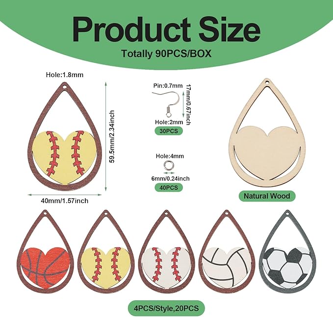 Beadthoven 10 Pairs DIY Sports Ball Wood Dangle Earrings Making Starter Kit Sports Lover Big Wood Pendant Hollow Teardrop Heart Charms Earring Hooks Jump Rings for Jewelry Making Adult Valentine’s Day