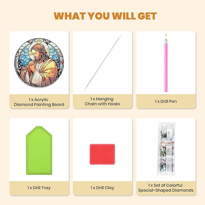 MXJSUA Diamond Art Hanging Kits for Adults Beginners, Stained Glass Jesus DIY Acrylic Special Shaped Crystal Diamond Gem Art Pendant Drills Painting Ornament for Home Wall Decor and Gift