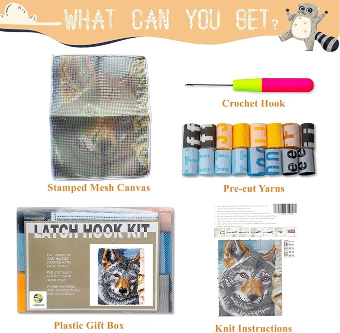 EMISTEM Latch Hook Kits for Adults - DIY Latch Hook Rug Kits, Crochet Kit for Beginners, Rug Making Kits with Printed Canvas, Gift Packaging. (Grey Wolf,15x21)
