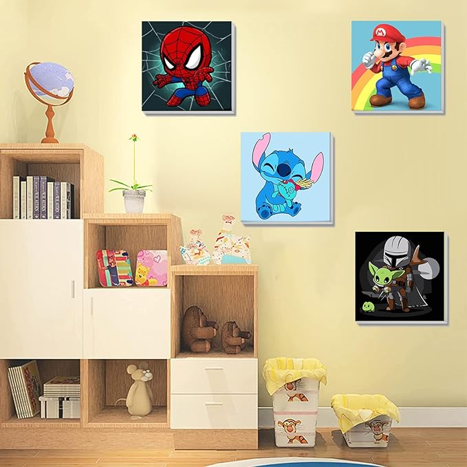 KOJEFCV 4 Pack Cartoon Paint by Number for Kids with Wooden Frame-Paint by Numbers for Kids Ages 4-8-12, DIY Paints with Numbers Easy Acrylic Oil Painting Kits for Home Wall Decor (8X8inch)