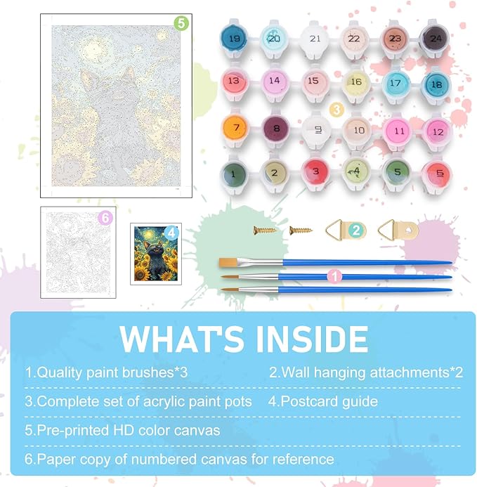 Offito Paint by Numbers Kit for Adults - Sunflowers Black Cat Acrylic Adult Paint by Number Kits on Canvas for Beginner, Starry Night DIY Oil Painting by Numbers for Adults Kit for Decor Gift 16"x20"