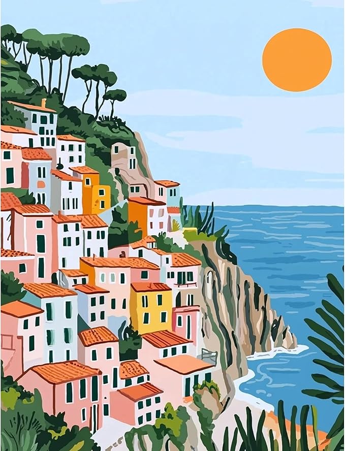 QENSPE Diamond Painting Art Kits for Adults, DIY Seaside View Full Drill Diamond Art for Beginners, 5D Colorful Houses Round Diamond Dots Paintings Gem Art Crafts for Home Wall Decor Gifts 30x40cm